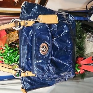 COACH Leah Embossed Signature Navy Blue Patent Leather Hand Bag #L0993-F14729